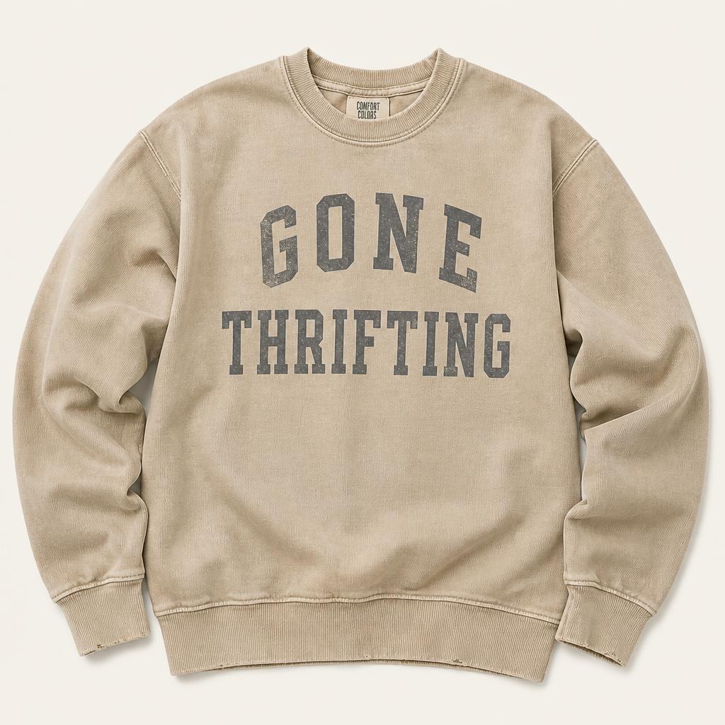 Beige Washed Crewneck with Gone Thrifting varsity lettering