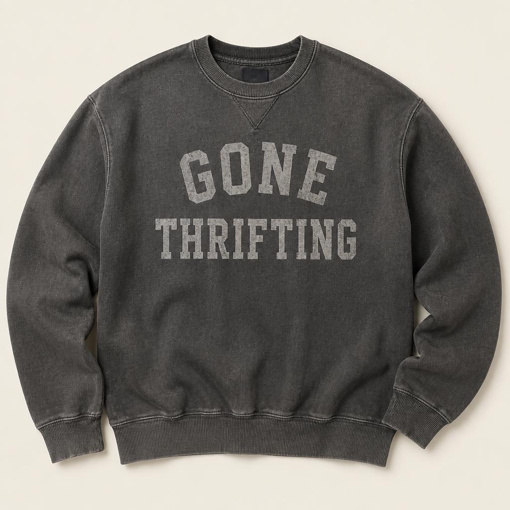 Charcoal Washed Crewneck with Gone Thrifting varsity lettering