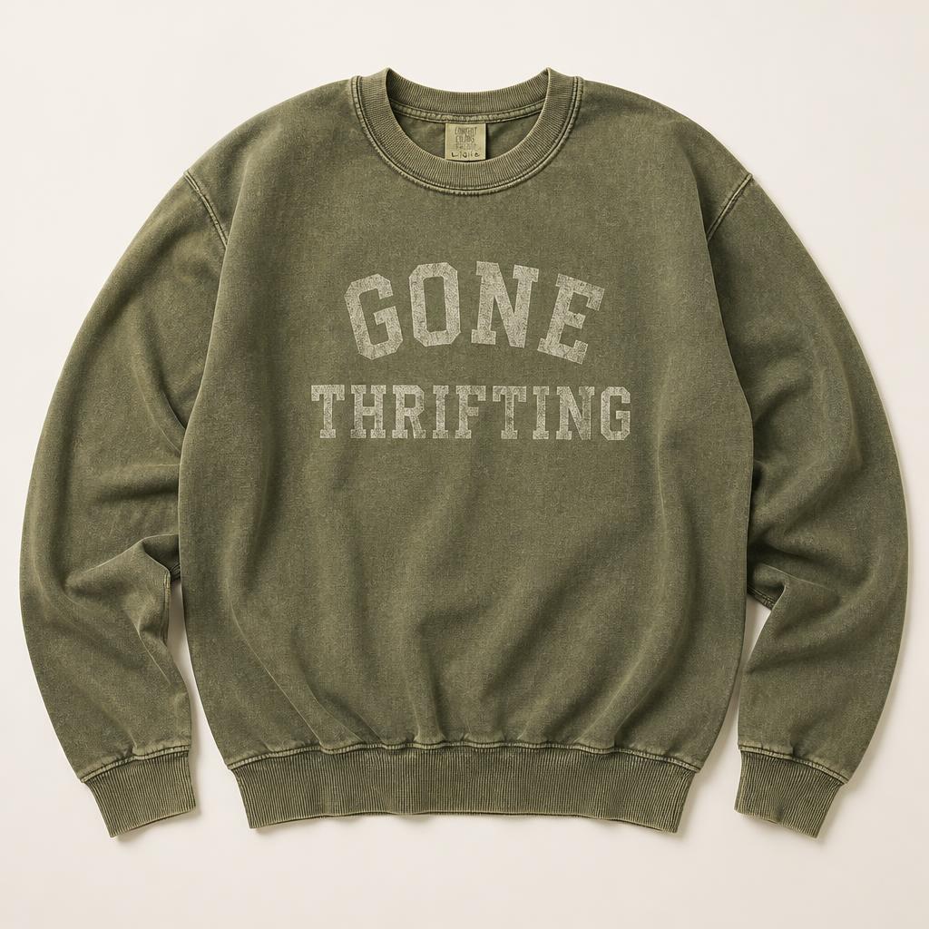 Olive Green Washed Crewneck with Gone Thrifting varsity lettering