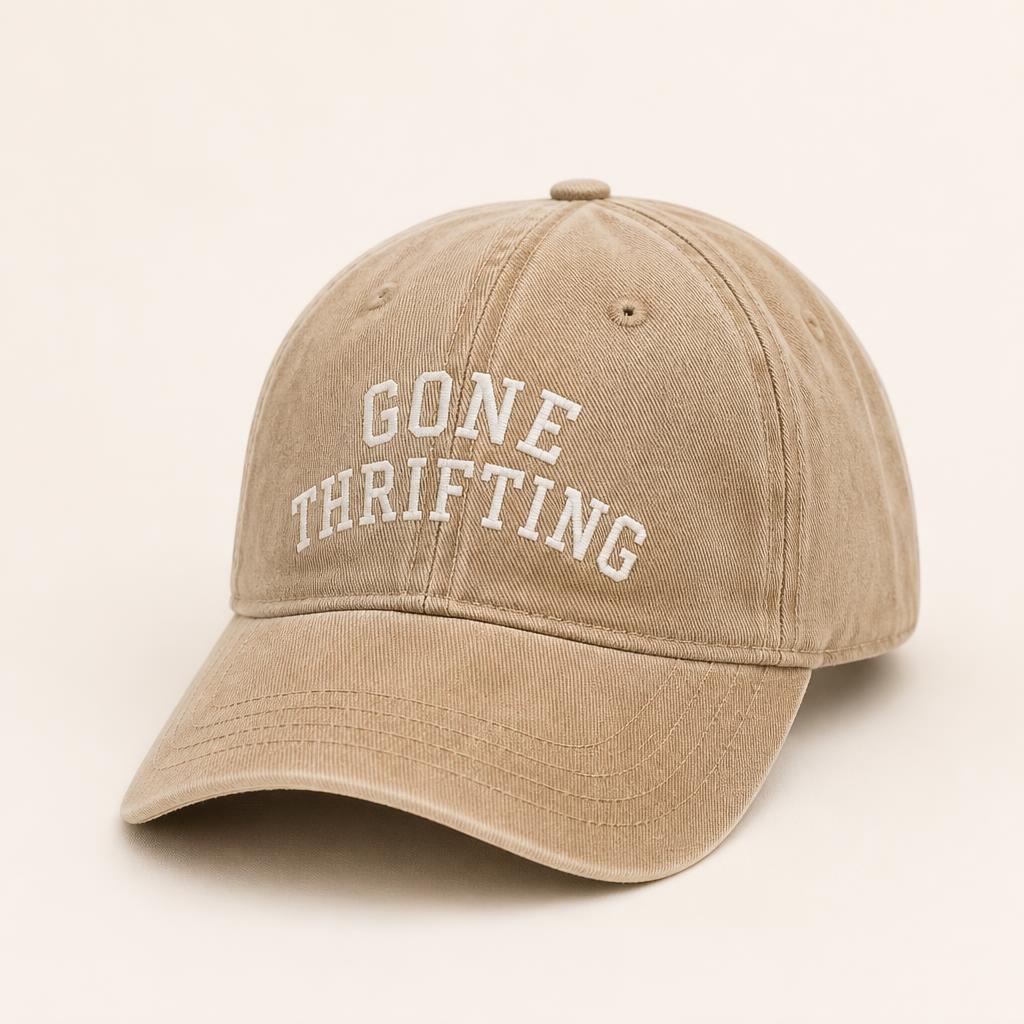 Beige Washed Dad Cap with Gone Thrifting varsity lettering