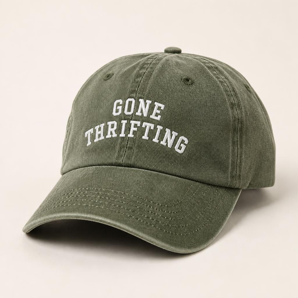 Olive Green Washed Dad Cap with Gone Thrifting varsity lettering