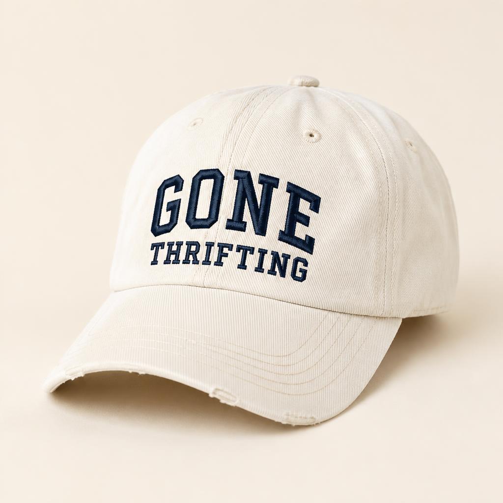 White Washed Dad Cap with Gone Thrifting varsity lettering