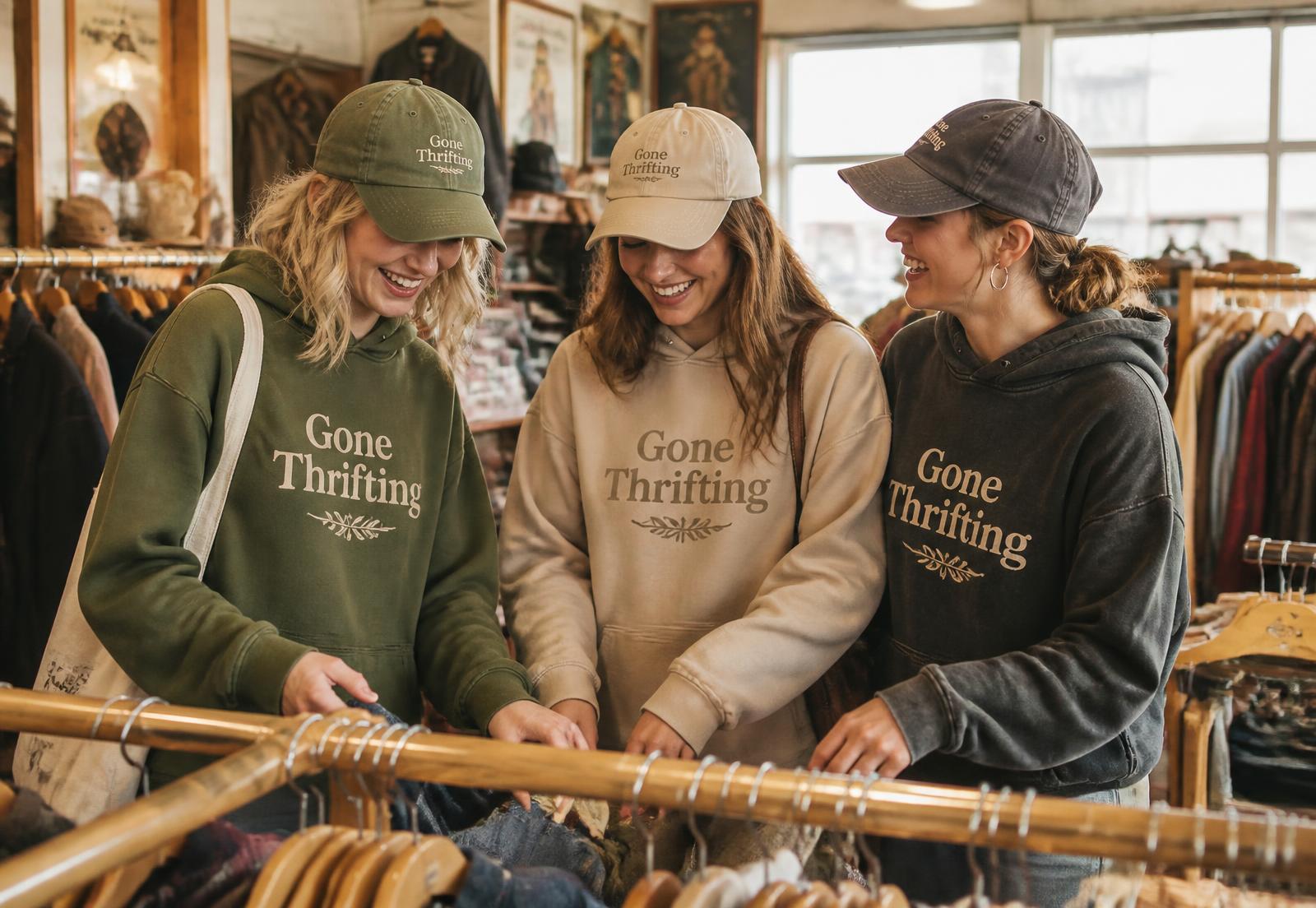 Three women browsing racks together in a sunlit vintage thrift store