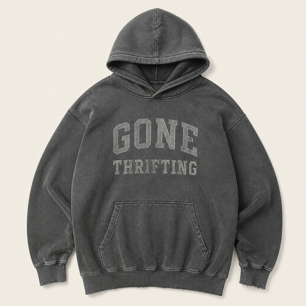 Charcoal Washed Oversized Hoodie with Gone Thrifting varsity lettering