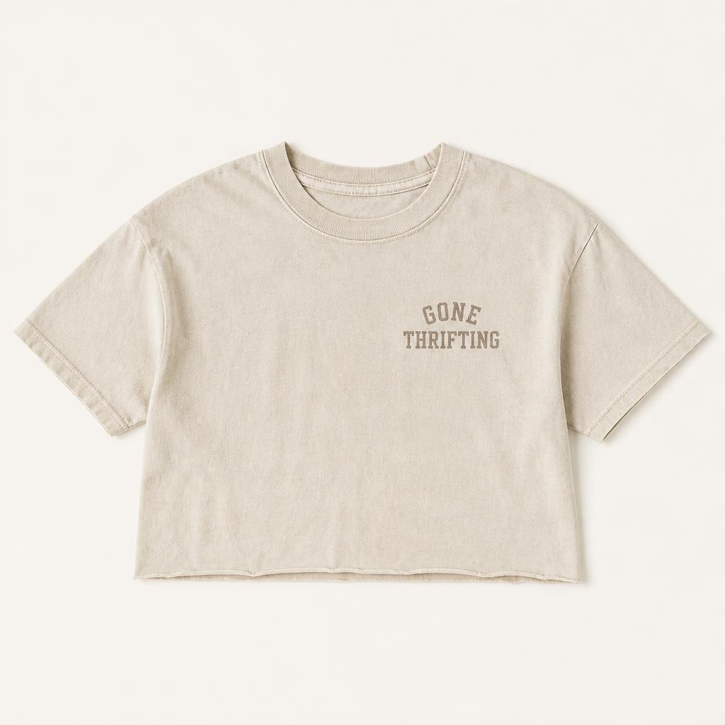 Oat Washed Cropped Tee with Gone Thrifting varsity lettering