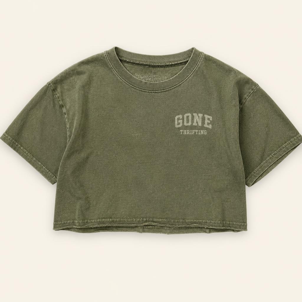 Olive Green Washed Cropped Tee with Gone Thrifting varsity lettering